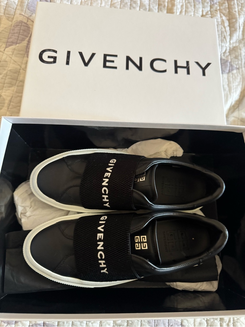 Givenchy Black Leather Slip-On Sneakers with White Sole and Logo Band